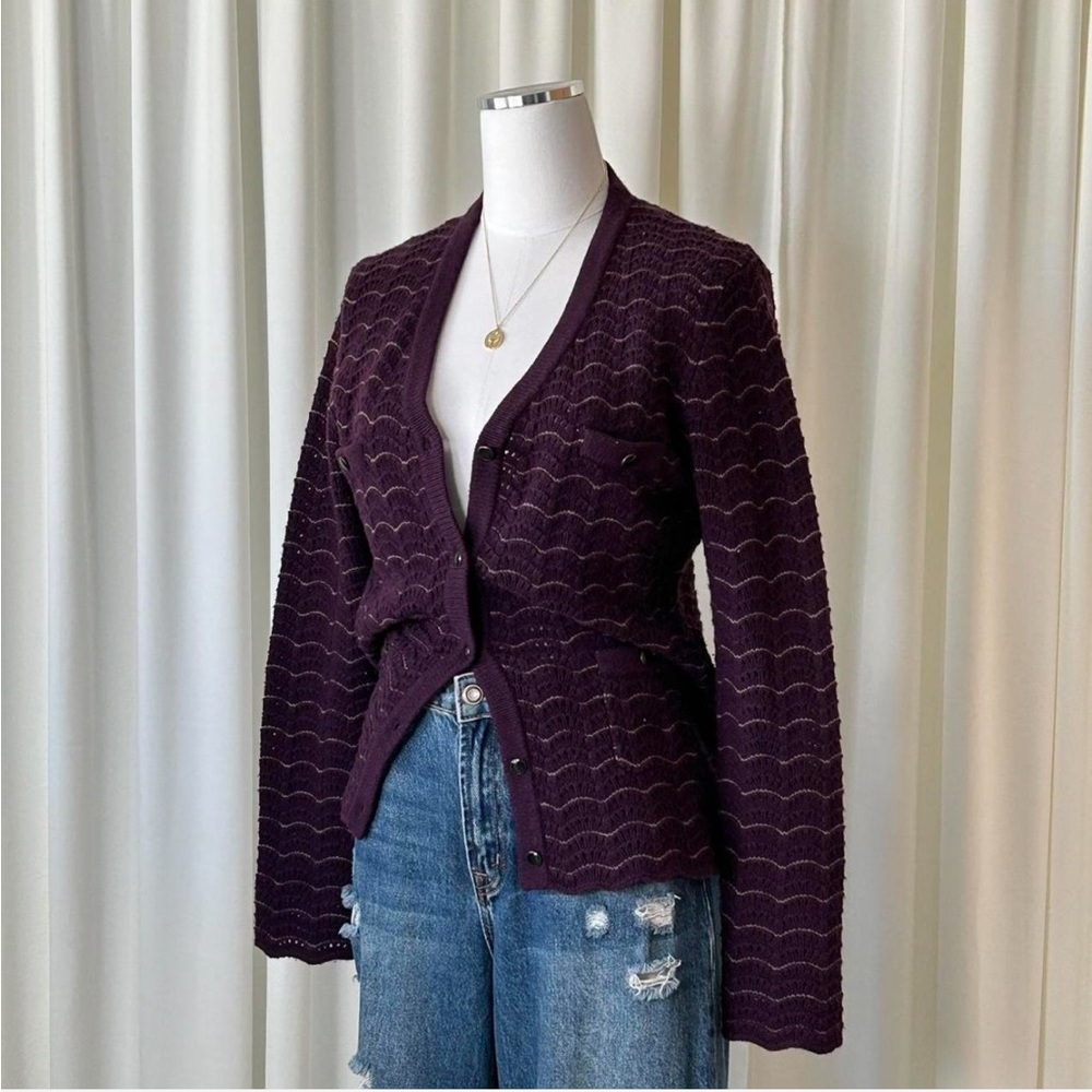 Saks Fifth Avenue Cashmere Wool Blend Cardigan Pointelle Knit Scalloped Large.